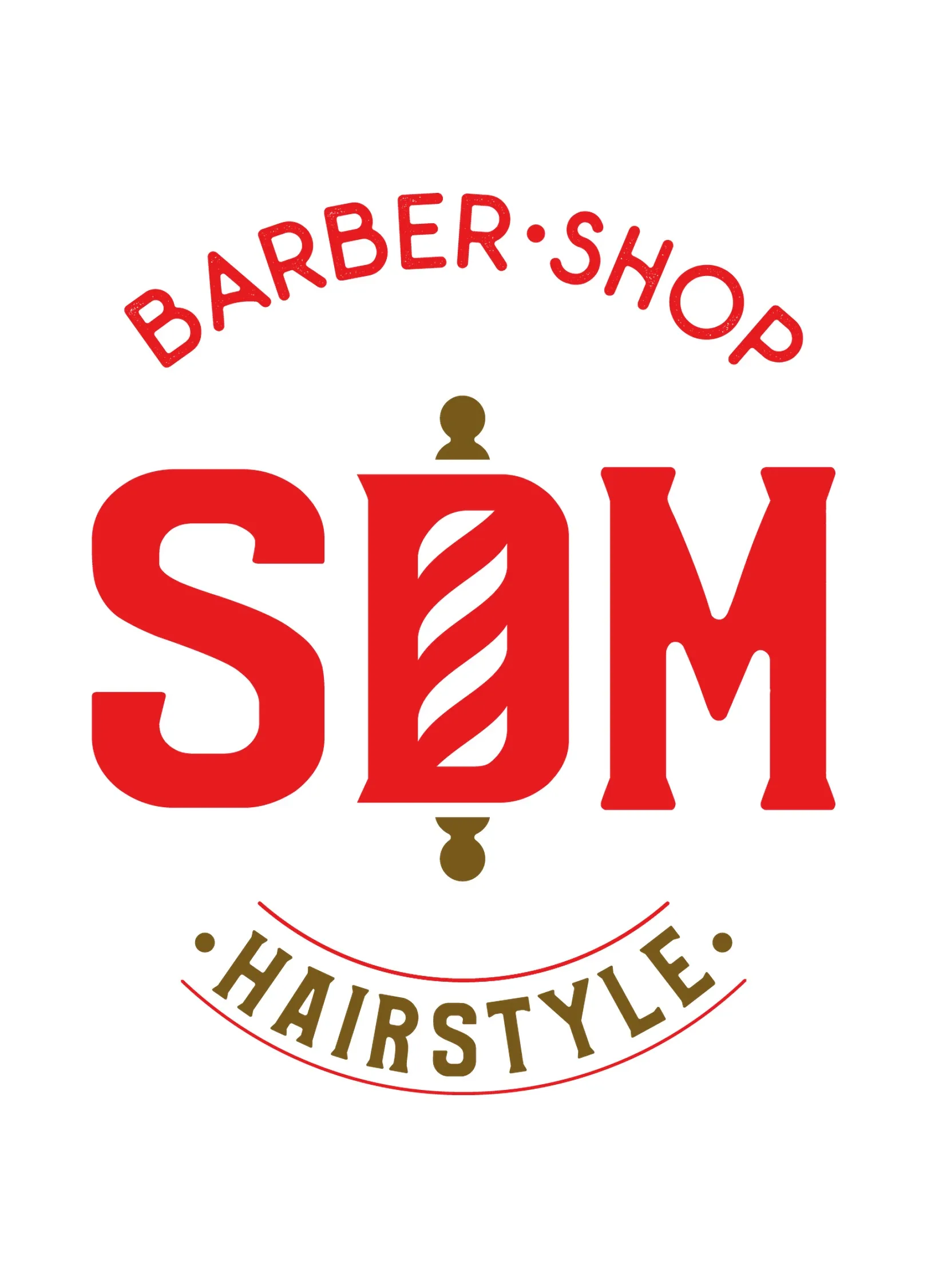 Il badge SDM Barber Shop Hairstyle: monogramma rosso e oro con la D a palo da barbiere