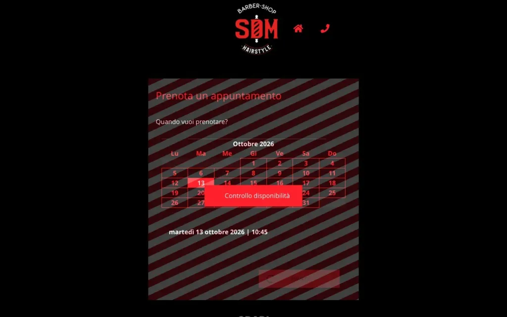 La pagina di prenotazione online di sdmbarbershop.it col calendario degli appuntamenti