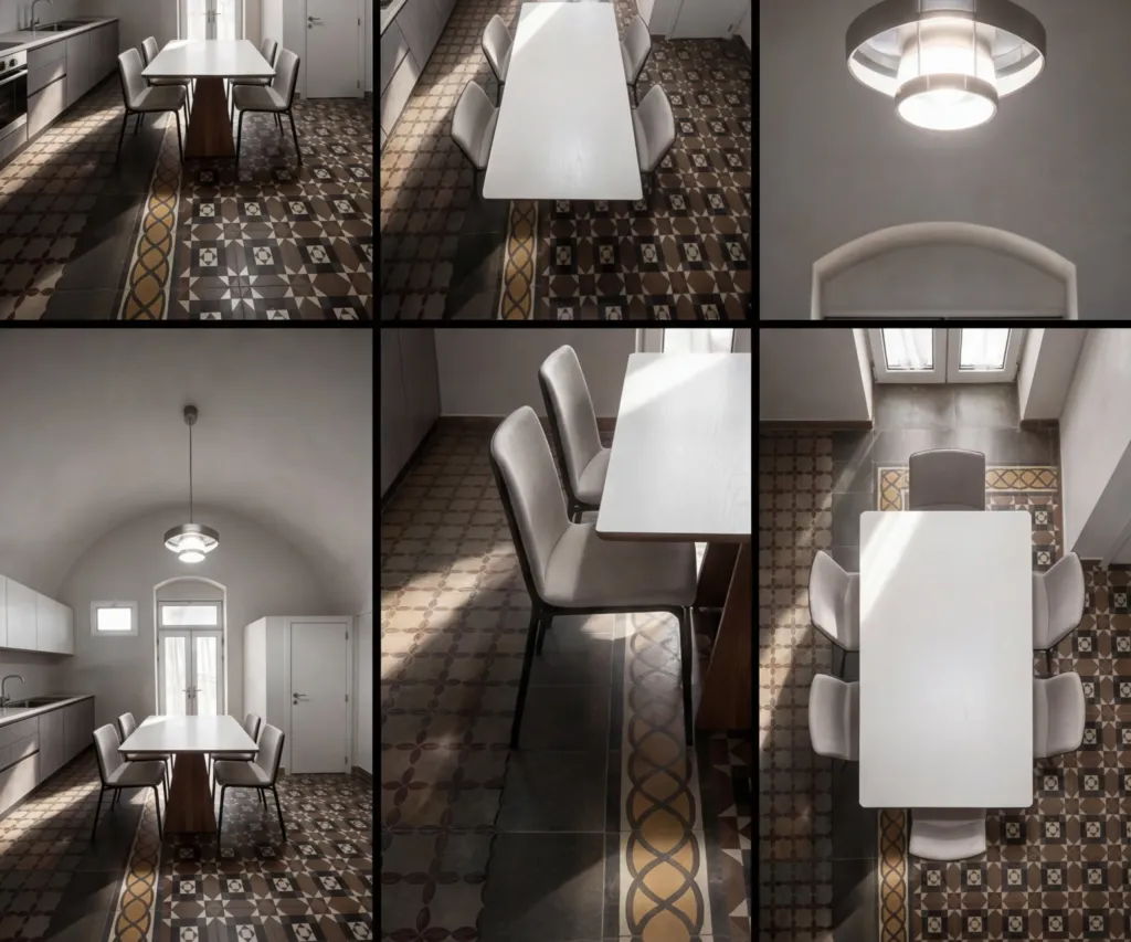 Sei render dell'ambiente unico: la cucina lungo la parete, il tavolo bianco e le cementine originali