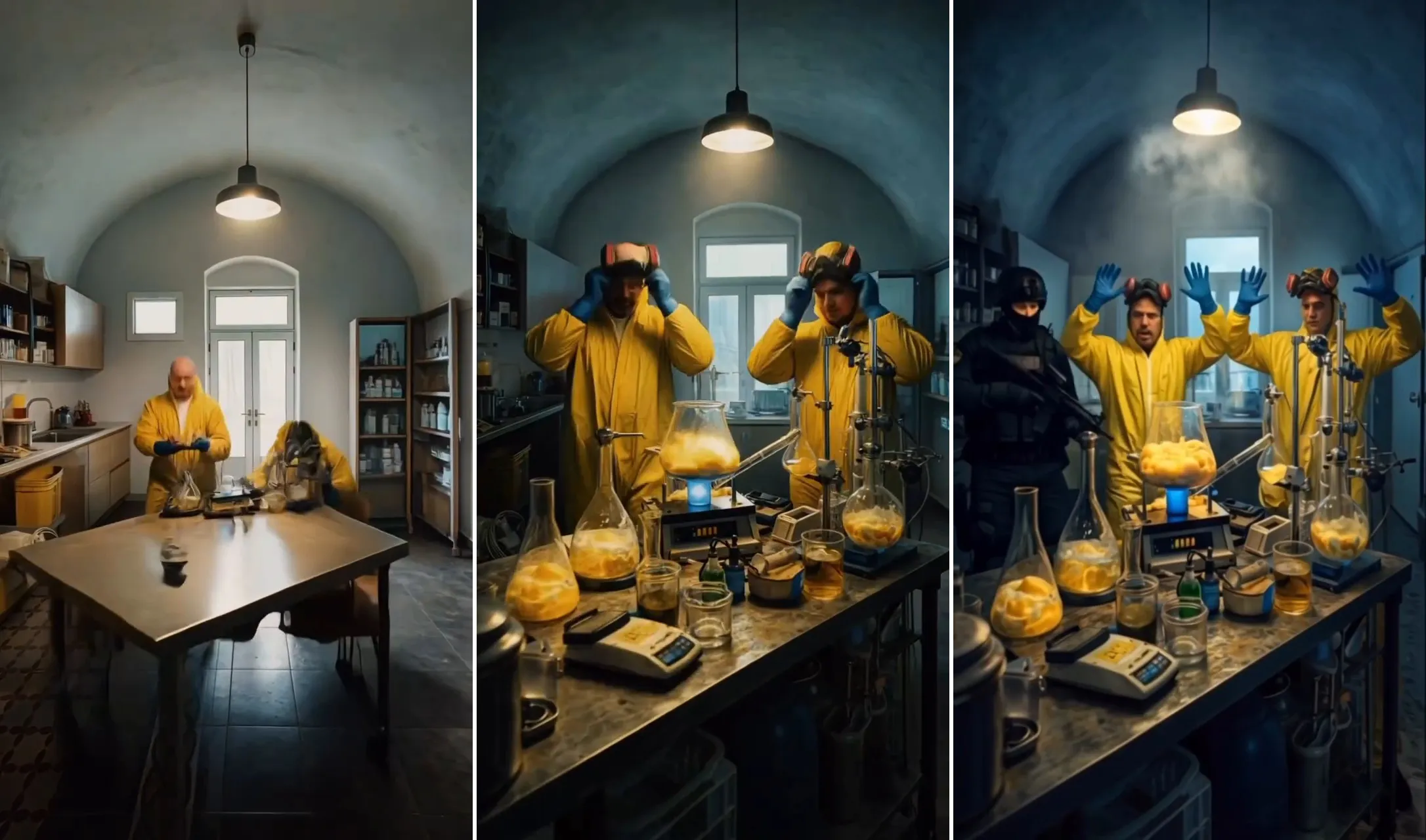 Tre fotogrammi del reel fatto con l'AI: la cucina sotto la volta diventa il laboratorio di Breaking Bad, con le tute gialle, le maschere e l'irruzione finale