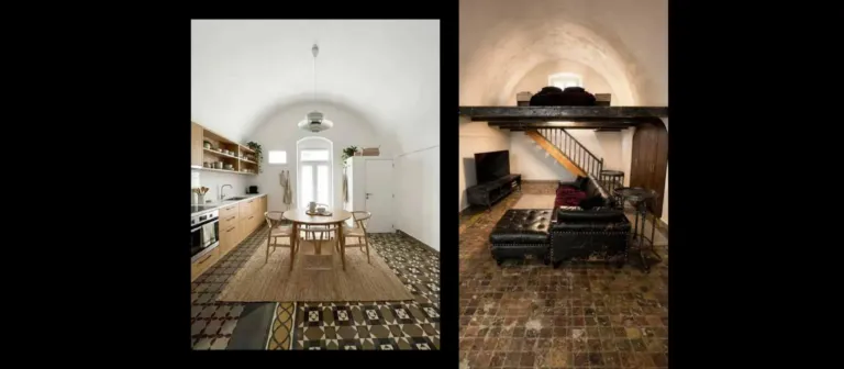 La casa con le volte di Palagianello in due render con l'AI: la cucina chiara con il tavolo tondo e il soppalco scuro con il divano in pelle