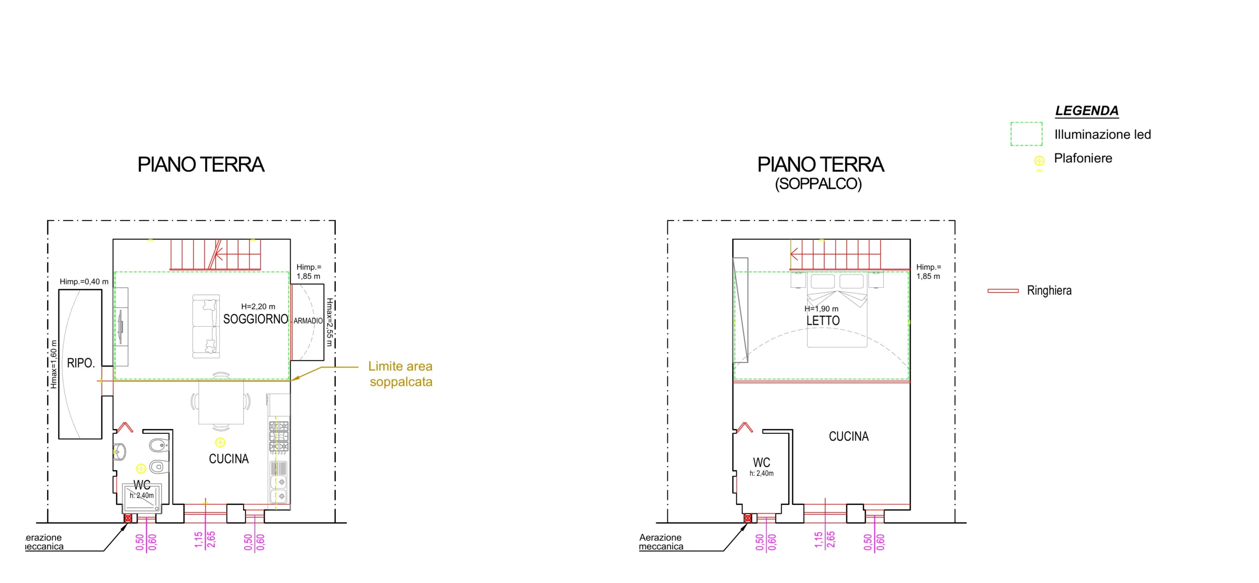 Pianta di progetto in CAD dello Studio Todisco: piano terra con soggiorno, cucina e bagno, e il soppalco con la zona letto