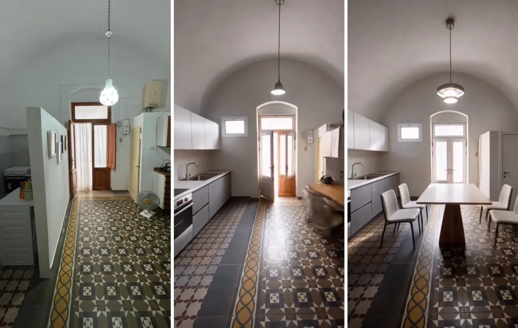 La casa com'era con il tramezzo, lo spazio liberato e il progetto con il tavolo al centro, sulle stesse cementine