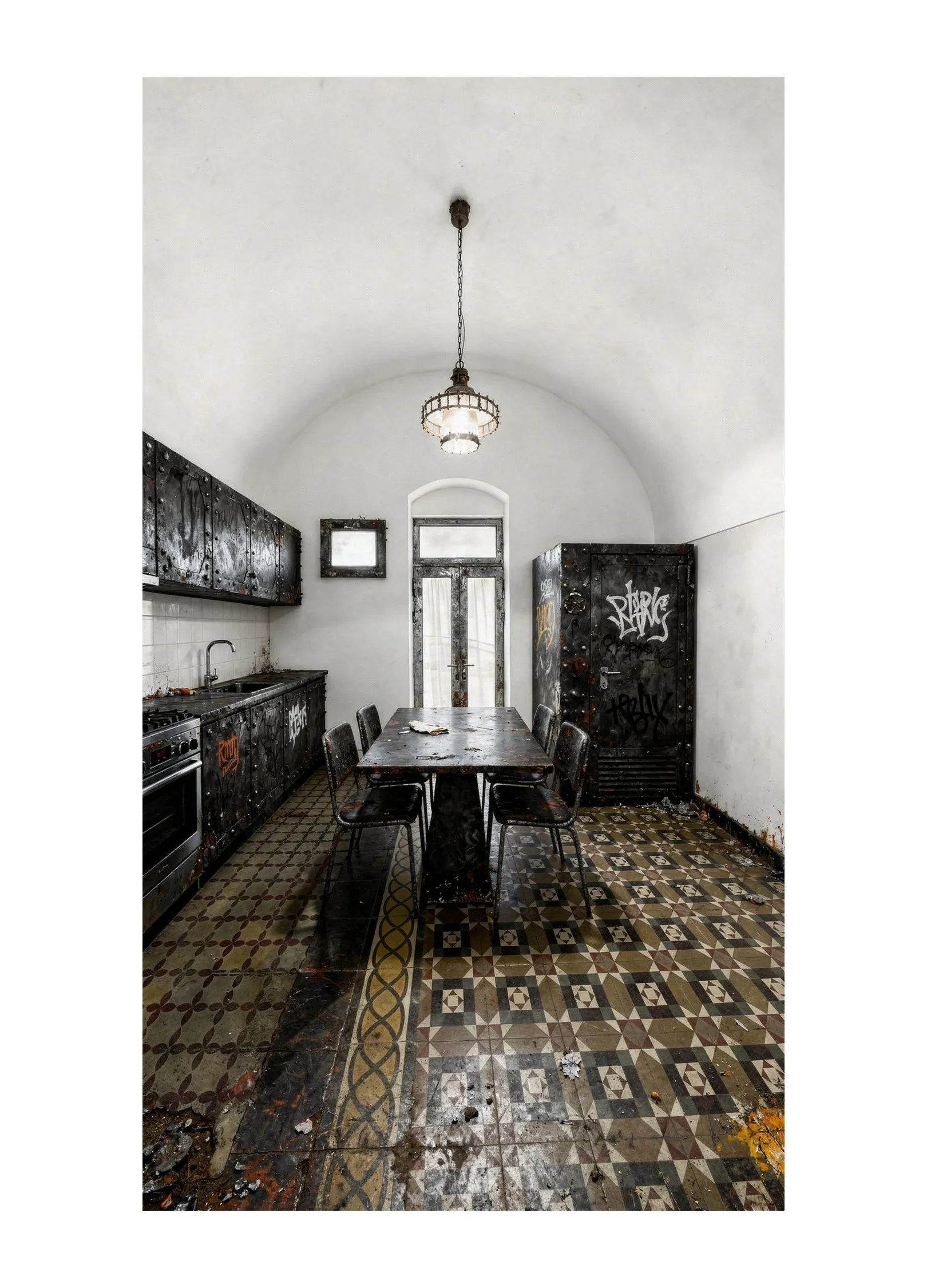 Render con l'AI della sala da pranzo scura sotto la volta, con le cementine originali e il lampadario in ferro