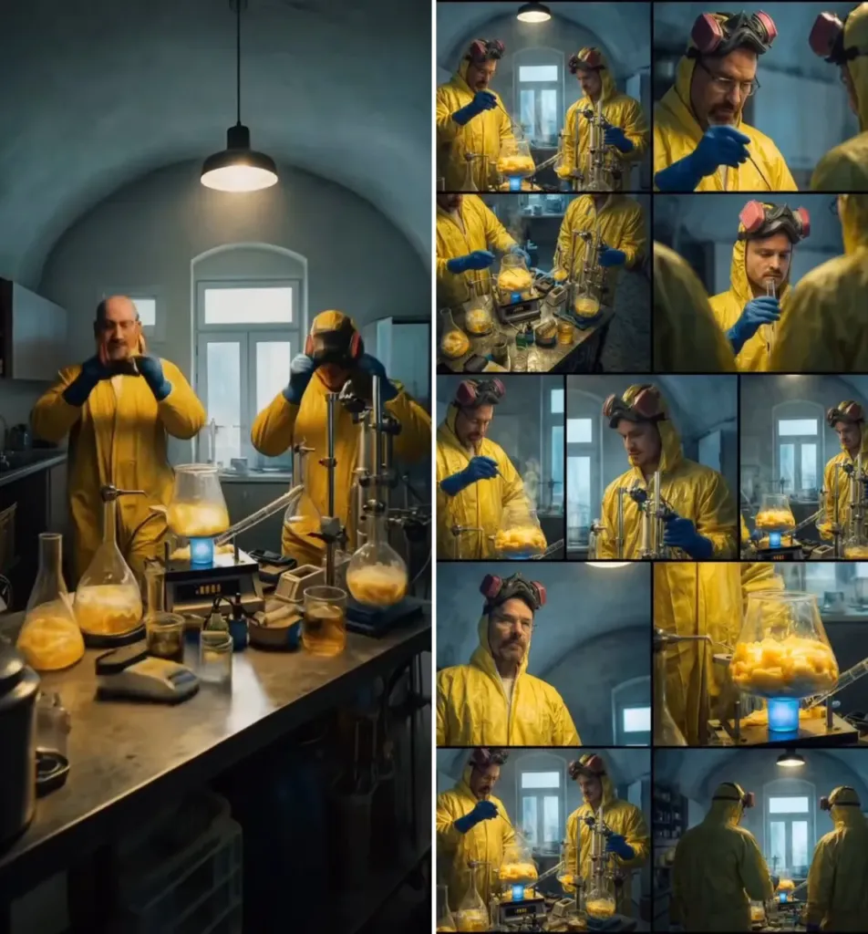 Due fotogrammi del reel fatto con l'AI: il laboratorio di Breaking Bad sotto la volta, con le tute gialle, e la stessa scena divisa in dieci inquadrature