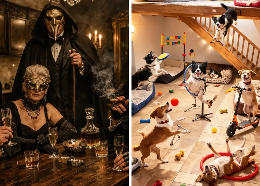 Due set della stessa casa: la cena in maschera alla Eyes Wide Shut e la stanza dei cani con giochi e cucce