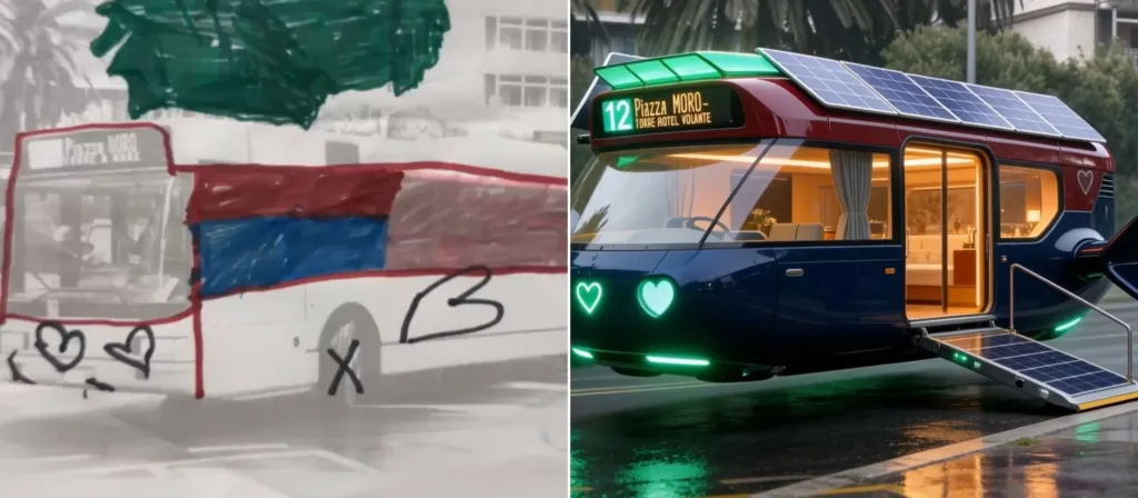 A sinistra un autobus di Bari ridisegnato a pennarello con cuori e colori, a destra lo stesso autobus trasformato dall'AI in un autobus volante con i pannelli solari