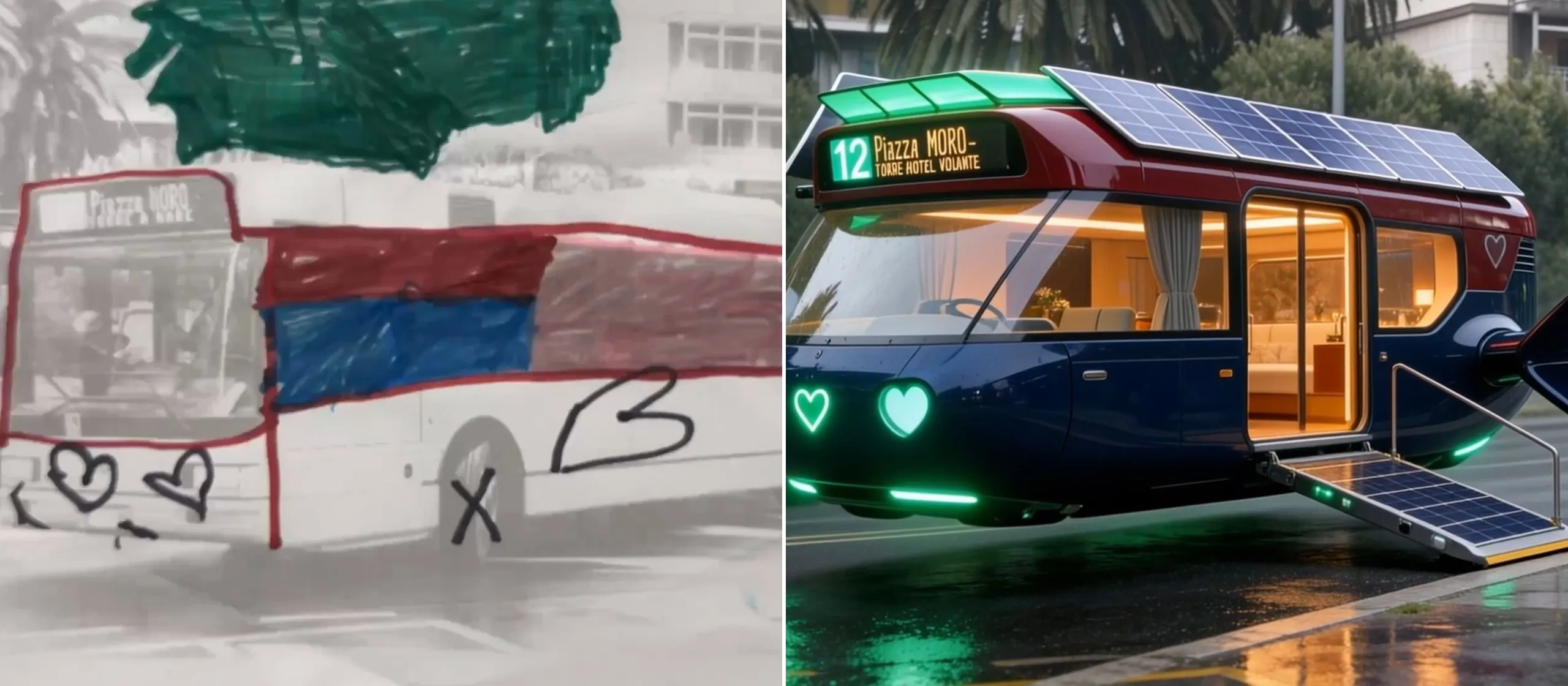 A sinistra un autobus di Bari ridisegnato a pennarello con cuori e colori, a destra lo stesso autobus trasformato dall'AI in un autobus volante con i pannelli solari