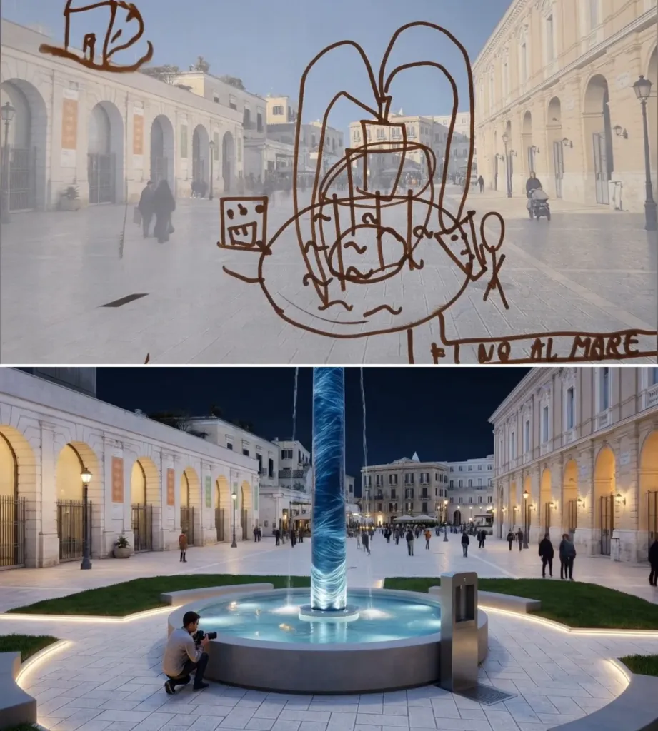Piazza del Ferrarese a Bari con una fontana disegnata a pennarello e la stessa piazza trasformata dall'AI con una fontana illuminata di notte