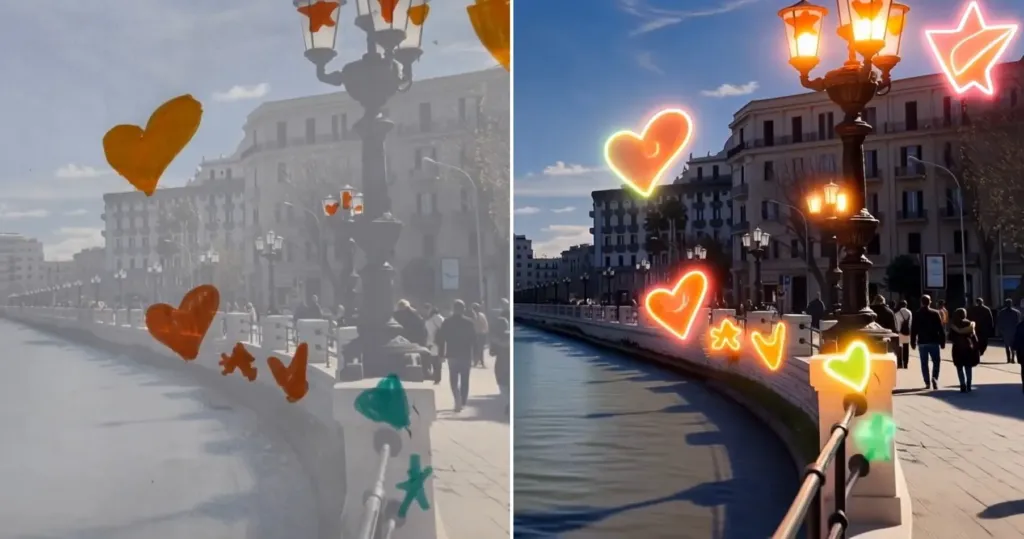 Il lungomare di Bari con cuori disegnati a pennarello sui lampioni e lo stesso lungomare trasformato dall'AI con cuori luminosi al neon