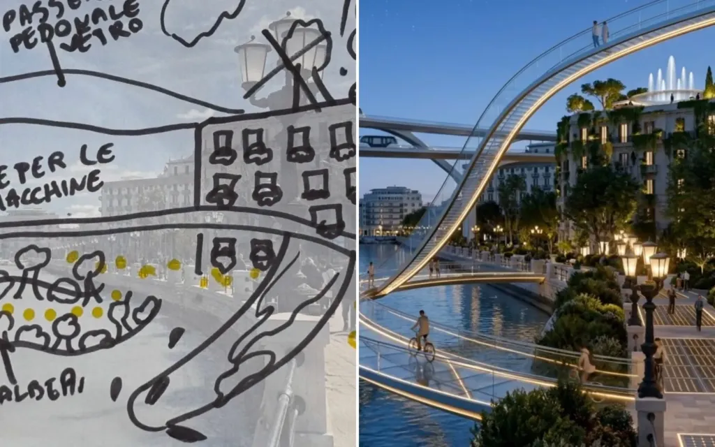 Il lungomare di Bari con una passerella pedonale di vetro disegnata a pennarello e la sua trasformazione con l'AI in un ponte luminoso sopra il mare